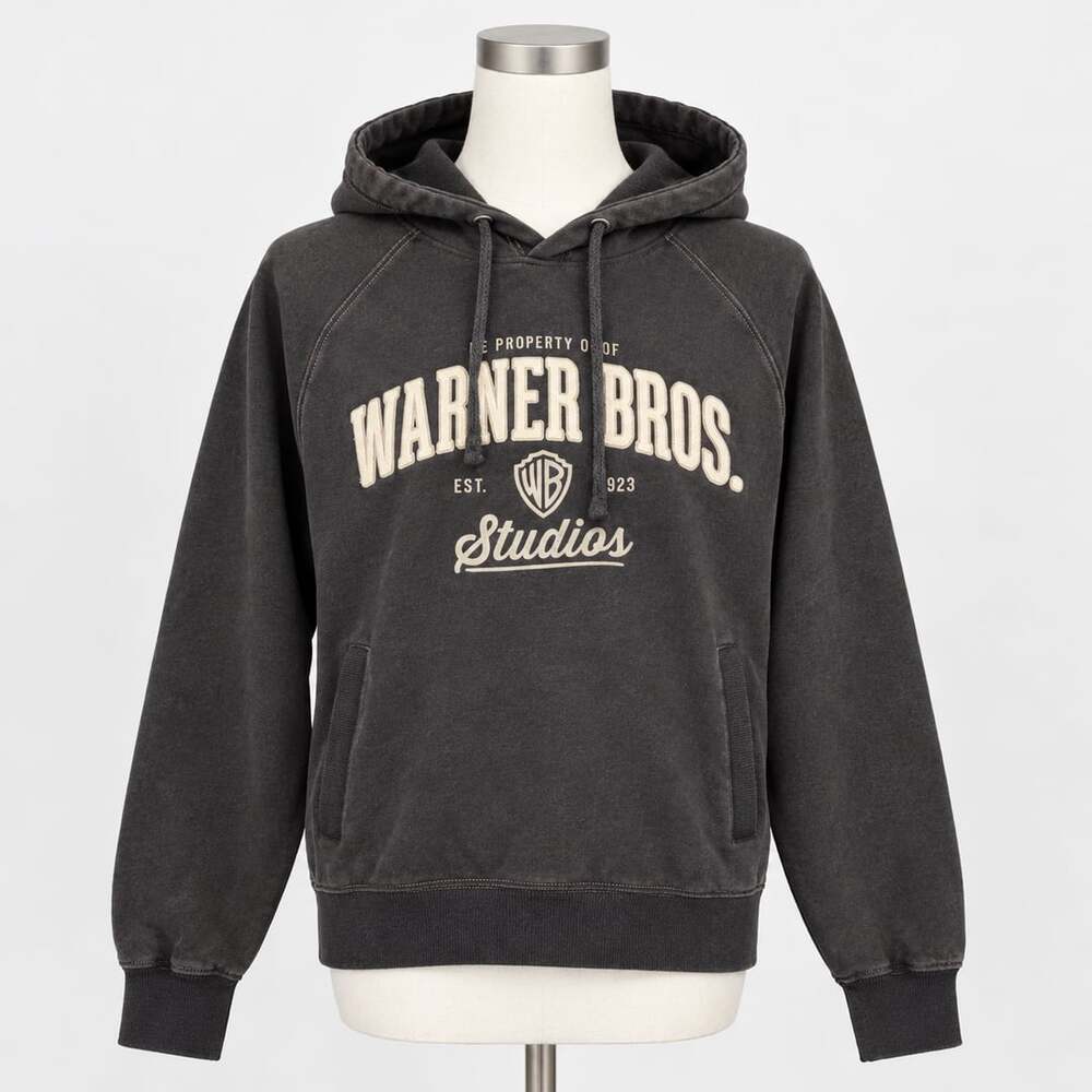 Warner Bros Studios Hoodie Large Charcoal Gray Pullover Logo Sweatshirt